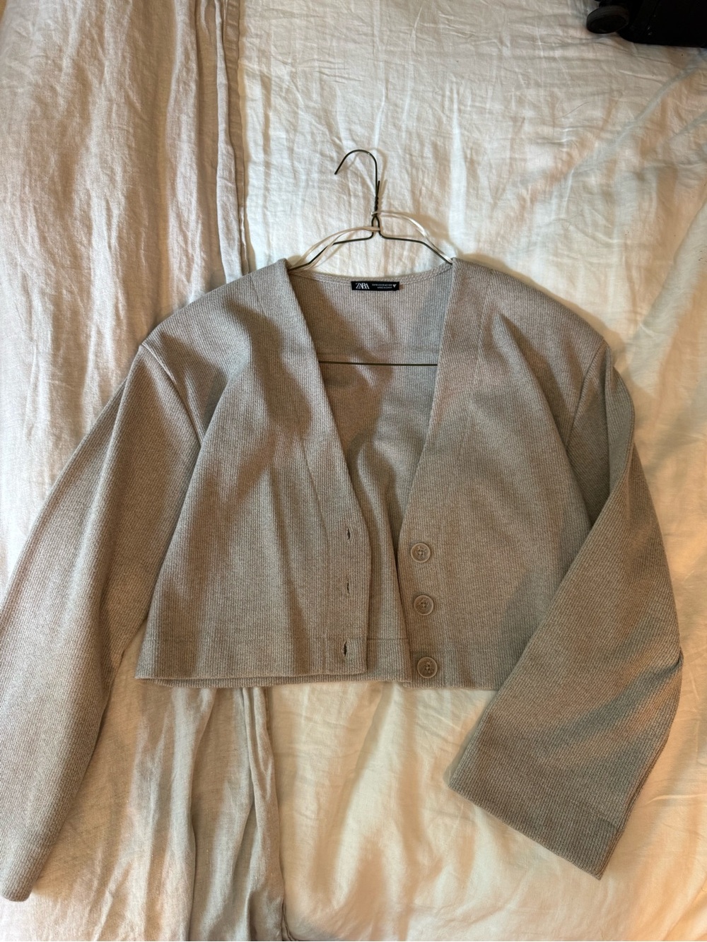 Zara Neutral Ribbed Cropped Cardigan in Light Taupe